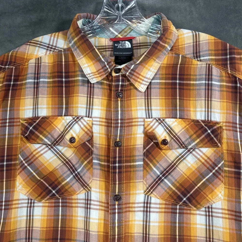 North Face Mens XL Plaid Short Sleeve Shirt Cotton Modal Blend Brown Orange